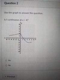 Question 2
Use the graph to answer the question.
Is f continuous at x = 4?
OYes
O No
< Previous
-5
F
IN-M