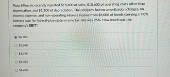 Pluto Minerals recently reported $15,800 of sales, $10,600 of operating costs other than
depreciation, and $1,100 of depreciation. The company had no amortization charges, no
interest expense, and non-operating interest income from $8,000 of bonds carrying a 7.0%
interest rate. Its federal-plus-state income tax rate was 25%. How much was the
company's EBIT?
$4,100
O $3,540
$3,495
O $3,075
O $4,660