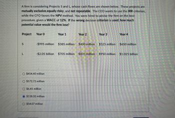 A firm is considering Projects S and L, whose cash flows are shown below. These projects are
mutually exclusive,equally risky, and not repeatable. The CEO wants to use the IRR criterion,
while the CFO favors the NPV method. You were hired to advise the firm on the best
procedure, given a WACC of 12%. If the wrong decision criterion is used, how much
potential value would the firm lose?
Project Year O
Year 1
Year 2
Year 3
Year 4
S
-$995 million
$385 million
$400 million
$525 million
$650 million
L
-$2.05 billion
$705 million
$835 million
$950 million
$1.025 billion
O $454.40 million
O $572.72 million
O $6.41 million
$118.32 million
O $54.07 million