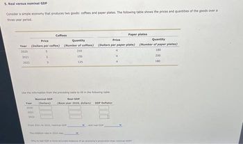 5. Real versus nominal GDP
Consider a simple economy that produces two goods: coffees and paper plates. The following table shows the prices and quantities of the goods over a
three-year period.
2021
2022
Price
Quantity
Price
Year (Dollars per coffee) (Number of coffees) (Dollars per paper plate)
2020
3
210
150
125
Year
2020
Use the information from the preceding table to fill in the following table
Real GDP
(Base year 2020, dollars) GDP Deflator
2021
2
2022
3
Coffees
Nominal GDP
(Dollars)
From 2021 to 2022, nominal GDP
The Inflation rate in 2022 was
Paper plates
and real GOP
Why is real GDP a more accurate measure of an economy's production than nominal GDP?
Quantity
(Number of paper plates)
180
200
180