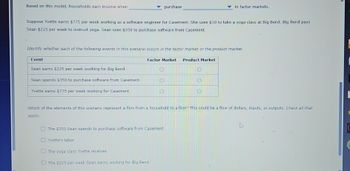 Based on this model, households earn income when
Suppose Yvette earns $775 per week working as a software engineer for Casement. She uses $10 to take a yoga class at Big Bend. Big Bend pays
Sean $225 per week to instruct yoga. Sean uses $350 to purchase software from Casement.
Event
Identify whether each of the following events in this scenario occurs the factor market or the product market.
Sean earns $225 per week working for Big Bend.
Sean spends $350 to purchase software from Casement.
Yvette earns $775 per week working for Casement.
purchase
The $350 Sean spends to purchase software from Casement
Yvette's labor
Factor Market Product Market
Which of the elements of this scenario represent a flow from a household to a firm? This could be a flow of dollars, inputs, or outputs. Check all that
apply.
The yoga class Yvette receives
in factor markets.
The $225 per week Sean earns working for Big Bend
L
►