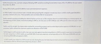 Swifty Enterprises Ltd., a private company following ASPE earned accounting income before taxes of $1,721,000 for the year ended
December 31, 2023.
During 2023, Swifty paid $231.000 for meals and entertainment expenses.
In 2020, Swifty's tax accountant made a mistake when preparing the company's income tax return. In 2023, Swifty paid $18,000 in
penalties related to this error. These penalties were not deductible for tax purposes.
Swifty owned a warehouse building for which it had no current use, so the company chose to use the building as a rental property. At
the beginning of 2023, Swifty rented the building to SPK Inc for two years at $252,000 per year. SPK paid the entire two years rent in
advance.
Swifty used the straight-line depreciation method for accounting purposes and recorded depreciation expense of $398,000. For tax
purposes, Swifty claimed the maximum capital cost allowance of $623,000.
Swifty began to sell its products with a two-year warranty against manufacturing defects in 2023 to match a warranty introduced by
its main competitor. In 2023, Swifty accrued $587,000 of warranty expenses: actual expenditures for 2023 were $283,000 with the
remaining $304,000 anticipated in 2024.
In 2023, Swifty was subject to a 35% income tax rate. During the year, the federal government announced that tax rates would be
decreased to 33% for all future years beginning January 1, 2024.