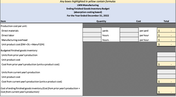 Item
Production cost per unit:
Direct materials
Direct labor
Manufacturing overhead
Unit product cost (DM + DL + Manuf O/H)
Budgeted finished goods inventory:
Units from prior year's production
Unit product cost
Cost from prior year's production (units x product cost)
Any boxes highlighted in yellow contain formulas
LMN Manufacturing
Ending Finished Goods Inventory Budget
(absorption costing based)
For the Year Ended December 31, 2022
Quantity
Units from current year's production
Unit product cost
Cost from current year's production (units x product cost)
Cost of ending finished goods inventory (Cost from prior year's production +
Cost from current year's production)
yards
hours
hours
Cost
per yard
per hour
per hour
$
$
$
$
$
$
$
Total