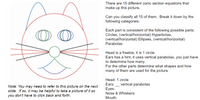 There are 15 different conic section equations that
make up this picture.
Can you classify all 15 of them. Break it down by the
following categories:
Each part is consistent of the following possible parts:
Circles, (vertical/horizontal) Hyperbolas,
(vertical/horizontal) Ellipses, (vertical/horizontal)
Parabolas
Head is a freebie, it is 1 circle
Ears has a hint, it uses vertical parabolas, you just have
to determine how many.
For the other parts determine what shapes and how
many of them are used for the picture
Head: 1 circle
Ears:
vertical parabolas
Note: You may need to refer to this picture on the next
slide. If so, it may be helpful to take a picture of it so
you don't have to click back and forth.
Eyes:
Nose & Whiskers:
Mouth:
