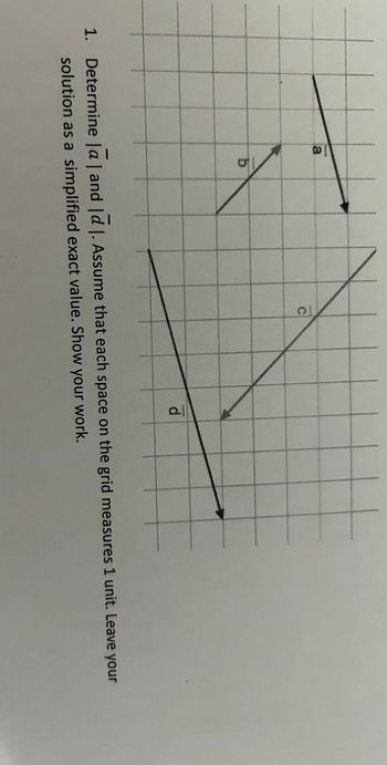 a
b
wwwwwww
d
1. Determine |a| and al. Assume that each space on the grid measures 1 unit. Leave your
solution as a simplified exact value. Show your work.