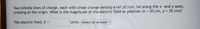 Two infinite lines of charge, each with linear charge density K=47 pC/cm, lie along the x- and y-axes,
crossing at the origin. What is the magnitude of the electric field at position (x = 30 cm, y = 35 cm)?
The electric field, E =
Units Select an answer v
