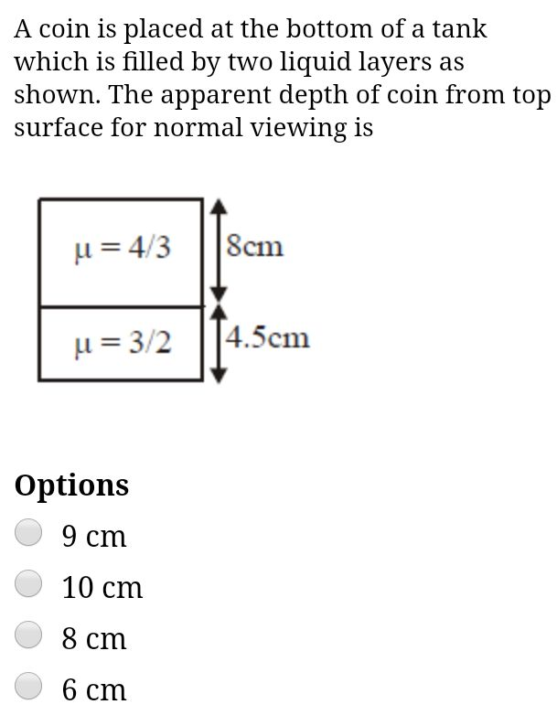 A coin is placed at the bottom of a tank
which is filled by two liquid layers as
shown. The apparent depth of coin from top
surface for normal viewing is
µ = 4/3
8cm
µ = 3/2
|4.5cm
