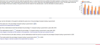 Americans' trust in government and the media has generally been on a downward trend since pollsters first asked questions on these topics in the second half of
the twentieth century. Trust in government hit an all-time low of 14% in 2014, while trust in the media bottomed out at 32% in 2016. The bar graph shows the
percentage of Americans trusting in the government and the media for five selected years. Use this information to answer parts a-c.
a. Use the information in the graph to estimate the yearly loss in the percentage of people trusting in government.
The yearly loss in the percentage of people trusting in government is 36 %.
(Round to the nearest tenth as needed.)
b. Write a mathematical model that estimates the percentage, P, of people trusting in government x years after 2003.
The mathematical model P = estimates the percentage, P, of people trusting in government x years after 2003.
(Use integers or decimals for any numbers in the expression. Use the answer from part (a) to answer this part.)
c. If the trend shown by the data continues, use the mathematical model from part (b) to project the percentage of people trusting in government in 2025.
The model predicts the percentage of people trusting in government will be % in 2025.
(Type an integer or decimal rounded to the nearest tenth as needed.)
Percentage
70-
60-
Trust in media
Trust in Goverment
54
47
44
39
31
wwww
19
18
2007 2011 2015 2019
50-
40- 35
30-
20-
10-
2003
16
42