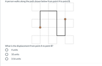 A person walks along the path shown below from point A to point B.
What is the displacement from point A to point B?
O 4 units
10 units
3.16 units
