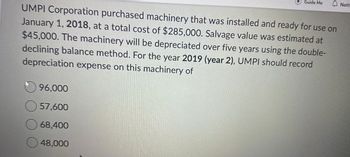 Guide Me
Notif
UMPI Corporation purchased machinery that was installed and ready for use on
January 1, 2018, at a total cost of $285,000. Salvage value was estimated at
$45,000. The machinery will be depreciated over five years using the double-
declining balance method. For the year 2019 (year 2), UMPI should record
depreciation expense on this machinery of
✓ 96,000
57,600
☐ 68,400
48,000