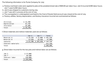 The following information is for Punta Company for July:
a. Factory overhead costs were applied to jobs at the predetermined rate of $44.00 per labor hour. Job S incurred 6,190 labor hours;
Job T used 4,290 labor hours.
b. Job S was shipped to customers during July.
c. Job T was still in process at the end of July.
d. The overapplied or underapplied overhead to the Cost of Goods Sold account was closed at the end of July.
e. Factory utilities, factory depreciation, and factory insurance incurred are summarized as follows:
Utilities
Depreciation
Insurance
Total
f. Direct materials and indirect materials used are as follows:
Material A
Material B
Subtotal
Indirect materials.
Total
g. Direct
incurred for
$ 14,700
45,750
18,300
$78,750
Job S
Job T
Indirect labor
Total
Job S
Job T
$ 29,250
$ 72,000
12,450
35,450
$41,700 $ 107,450
Total
$ 101,250
47,900
$ 149, 150
211,750
$360,900
two jobs and indirect labor are as
$ 57,000
46,500
136,000
$ 239,500
llows: