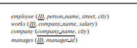 employee (ID, person_name, street, city)
works (ID, company_name, salary)
company (companyлате, сity)
manages (ID, managerid)
