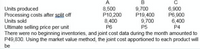 A
B
Units produced
Processing costs after split off
Units sold
8,500
P10,200
8,400
P6
9,700
P19,400
9,700
P5
6,900
P6,900
6,400
P4
Ultimate selling price per unit
There were no beginning inventories, and joint cost data during the month amounted to
P49,830. Using the market value method, the joint cost apportioned to each product will
be
