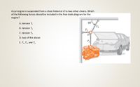 A car engine is suspended from a chain linked at O to two other chains. Which
of the following forces should be included in the free-body diagram for the
engine?
A. tension T,
60°
B. tension T,
T2
C. tension T3
D. two of the above
E. T,, T, and T3
