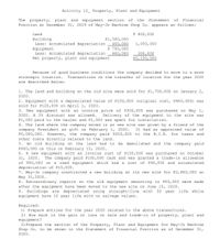 Activity 12_ Property, Plant and Equipment
of Financial
The property, plant and equipment section of
Position at December 31, 2019 of May-Jo Machine Shop Co. appears as follows:
the
Statement
Land
P 800,000
Building
Less: Accumulated depreciation
P1,500,000
450,000
P 700,000
400,000
1,050,000
Equipment
Less: Accumulated depreciation
Net property, plant and equipment
300,000
P2,150,000
Because of good business conditions the company decided to move to a more
Transactions on the transfer of location for the year 2020
strategic location.
are described below:
1. The land and building on the old site were sold for P1,700,000 on January 2,
2020.
2. Equipment with a depreciated value of P150,000 (original cost, P400,000) was
sold for Pl120,000 on April 1, 2020.
3. New equipment with
an invoice price of P300,000 was purchased on May 1,
Delivery of the equipment to the site was
2020. A 2% discount was allowed.
P1,000 paid to the hauler and Pl,500 was spent for installation.
4. The land where the company moved in as new site was given by a friend of the
company President as gift on February 1, 2020.
P5,000,000. However, the company paid P250,000 to the B.I.R. for taxes and
other costs directly related to the land.
5. An old building on the land had to be demolished and the company paid
P400,000 on this on February 15, 2020.
6. A new equipment with an invoice cost of P150,000 was purchased on October
It had an appraised value of
31, 2020.
The company paid P100,000 cash and was granted a trade-in allowance
of P50,000 on a used equipment which had a cost of P40,000 and accumulated
depreciation of P15,000.
7. May-Jo company constructed a new building at its new site for P2,800, 000 on
May 31,2020.
8. Extraordinary repairs on the old equipment amounting to P50,000 were made
after the equipment have been moved to the new site on June 15, 2020.
9. Buildings
equipment have 10 year life with no salvage values.
are depreciated using straight-line with 30 year life while
Required:
1) Prepare entries for the year 2020 related to the above transactions.
2) How much is the gain or loss on sale and trade-in of property, plant and
equipment?
2) Prepare the section of the Property, Plant and Equipment for May-Jo Machine
Shop Co. to be shown in the Statement of Financial Position as of December 31,
2020.
