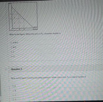 Price
OA+B+C
OB+C
Refer to the figure. When the price is P₁, consumer surplus is
OC
A
9₂
Question 5
ОА
9
D
Demand
Quantity
Refer to the figure from the preceding question. When the price is P2, consumer surplus is