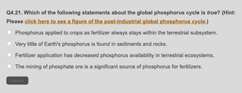 Q4.21. Which of the following statements about the global phosphorus cycle is true? (Hint:
Please click here to see a figure of the post-industrial global phosphorus cycle.)
Phosphorus applied to crops as fertilizer always stays within the terrestrial subsystem.
Very little of Earth's phosphorus is found in sediments and rocks.
Fertilizer application has decreased phosphorus availability in terrestrial ecosystems.
The mining of phosphate ore is a significant source of phosphorus for fertilizers.
Submit