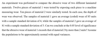 An experiment was performed to compare the abrasive wear of two different laminated
materials. Twelve pieces of material 1 were tested by exposing each piece to a machine
measuring wear. Ten pieces of material 2 were similarly tested. In each case, the depth of
wear was observed. The samples of material 1 gave an average (coded) wear of 85 units
with a sample standard deviation of 4, while the samples of material 2 gave an average of
81 with a sample standard deviation of 5. Can we conclude at the 0.05 level of significance
that the abrasive wear of material 1 exceeds that of material 2 by more than 2 units? Assume
the populations to be approximately normal with equal variances.
