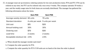 32. A manager must set up inventory ordering systems for two new production items: P34 and P35. P34 can be
ordered at any time, but P35 can be ordered only once every 4 weeks. The company operates 50 weeks a
year, and the weekly usage rates for both items are normally distributed. The manager has gathered the
following information about the items.
Item P34
Average weekly demand 60 units
Standard deviation
Unit cost
Annual holding cost
Ordering cost
Lead time
70 units
4 units per week 5 units per week
$15
$20
30%
30%
$70
$30
2 weeks
2 weeks
2.5%
Item P35
Acceptable stockout risk 2.5%
a. When should the manager reorder each item?
b. Compute the order quantity for P34.
c. Compute the order quantity for P35 if 110 units are on hand at the time the order is placed.