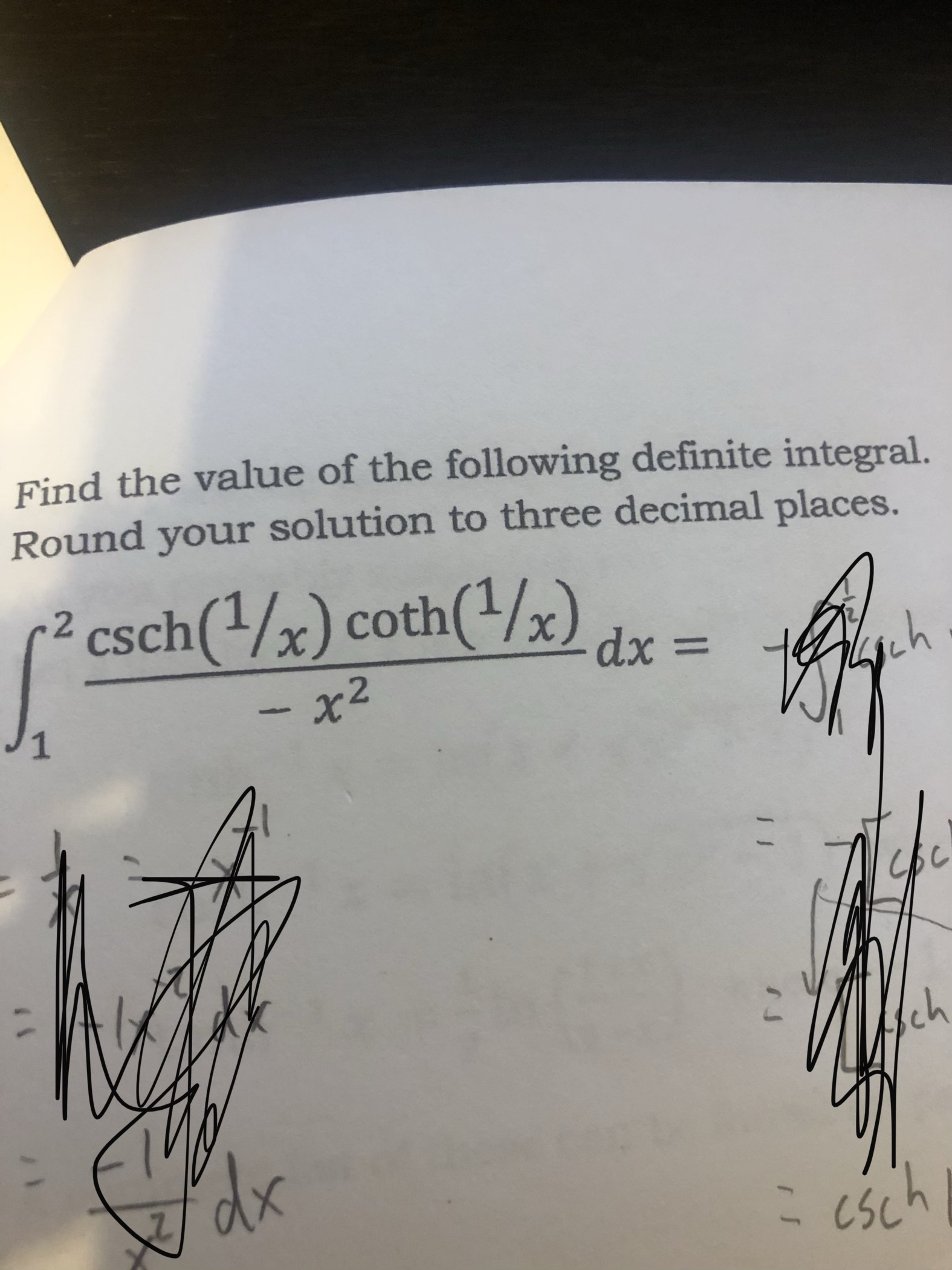 Find the value of the following definite integral
Round your solution to three decimal places.
-2 csch(/x) coth(/x)
dx =
ich
%3D
x2
