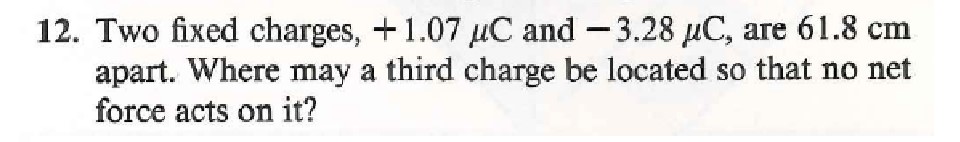 12. Two fixed charges, +1.07 uC and -3.28 uC, are 61.8 cm
apart. Where may a third charge be located so that no net
force acts on it?
