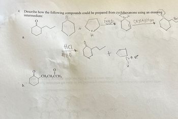 4.
Describe how the following compounds could be prepared from cyclohexanone using an enamine
intermediate:
Trace
CH3 2 28
a.
&
Dior (30
b.
CH2CH,CCH3
HCl
Azo
+
4
ہی
ل
VICES E SEE UROLE RO
for as a
quave
N-
combo To Cuoresce flus a lots
20