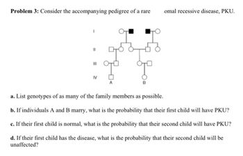 Problem 3: Consider the accompanying pedigree of a rare
11
|||
IV
A
B
omal recessive disease, PKU.
a. List genotypes of as many of the family members as possible.
b. If individuals A and B marry, what is the probability that their first child will have PKU?
c. If their first child is normal, what is the probability that their second child will have PKU?
d. If their first child has the disease, what is the probability that their second child will be
unaffected?