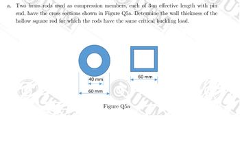 a. Two brass rods used as compression members, each of 3-m effective length with pin
end, have the cross sections shown in Figure Q5a. Determine the wall thickness of the
hollow square rod for which the rods have the same critical buckling load.
UZA
O
40 mm
60 mm
Figure Q5a
60 mm
MALAYSIA
UTM
ERSITI TEKNO
UNIVERSITI TEKNOLL
01