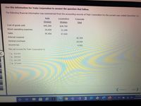 Use this information for Train Corporation to answer the question that follow.
The following financial information was summarized from the accounting records of Train Corporation for the current year ended December 31:
Rails
Locomotive
Corporate
Division
Division
Total
Cost of goods sold
$45,300
$28,700
Direct operating expenses
26,600
21,200
Sales
95,400
67,600
Interest expense
$2,500
General overhead
18,500
Income tax
4,300
The net income for Train Corporation is
Oa. $15,900
Ob. $89,000
Oc. $41,200
Od. $72,600
Previous
Next
7:33 PM
CP
12/13/2020
