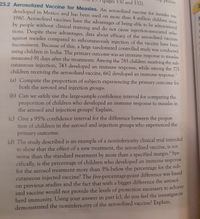 23.2 Aerosolized Vaccine for Measles. An aerosolized vaccine for measles wwas
(pages 530 and 532).
process
developed in Mexico and has been used on more than 4 million children since
1980, Aerosolized vaccines have the advantages of being able to be administered
by people without clinical training and do not cause injection-associated infec
tions. Despite these advantages, data about efficacy of the aerosolized vaccines
against measles compared to subcutaneously injection of the vaccine have been
inconsistent. Because of this, a large randomized controlled study was conducted
using children in India. The primary outcome was an immune response to measles
measured 91 days after the treatments. Among the 785 children receiving the sub-
cutaneous injection, 743 developed an immune response, while among the 775
children receiving the aerosolized vaccine, 662 developed an immune response.
(a) Compute the proportion of subjects experiencing the primary outcome for
both the aerosol and injection groups.
(b) Can we safely use the large-sample confidence interval for comparing the
proportion of children who developed an immune response to measles in
the aerosol and injection groups? Explain.
(c) Give a 95% confidence interval for the difference between the propor-
tion of children in the aerosol and injection groups who experienced the
primary outcome.
(d) The study described is an example of a noninferiority clinical trial intended
to show that the effect of a new treatment, the aerosolized vaccine, is not
4
worse than the standard treatment by more than a specified margin. Spe-
cifically, is the percentage of children who developed an immune response
for the aerosol treatment more than 5% below the percentage for the sub-
cutaneous injected vaccine? The five-percentage-point difference was based
on previous studies and the fact that with a bigger difference the aerosol-
ized vaccine would not provide the levels of protection necessary to achieve
herd immunity. Using your answer in part (c), do you feel the investigators
demonstrated the noninferiority of the aerosolized vaccine? Explain.
