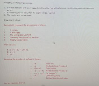 Accepting the following premises:
1.
If it does not rain, or it is not foggy, then the sailing race will be held and the lifesaving demonstration will
go on.
2. If the sailing race is held, then the trophy will be awarded.
3. The trophy was not awarded.
Show that it rained.
Symbolically represent the propositions as follows:
r.
f:
S:
d:
t:
It rained.
It was foggy.
The sailing race was held.
Lifesaving demonstration went on.
Trophy was awarded.
Then we have:
1. (r Vf) → (s Ad)
2. st
3. t
Accepting the premises, it suffices to show r.
And we have r as desired.
4.
nt
18
(s^ d)
(vf)
fרר r Aרר
&
: r^f
r
Premise 3
Modus tollens, Premise 2
Domination
Modus tollens, Premise 1
De Morgan's
Double negation
Conjunctive simplification