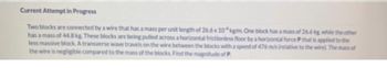 Current Attempt in Progress
Two blocks are connected by a wire that has a mass per unit length of 26.6 x 10kg/m. One block has a mass of 26.6 kg while the other
has a mass of 44.8 kg. These blocks are being pulled across a horizontal frictionless floor by a horizontal force P that is applied to the
less massive block. A transverse wave travels on the wire between the blocks with a speed of 476 m/s (relative to the wire). The mass of
the wire is negligible compared to the mass of the blocks. Find the magnitude of P.