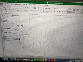 A B C ·
V
Insert Draw Page Layout
Formulas
Calibri
11
A
Α Α΄
V
BI U ✓ ✓ ✓ Av
822
X V
fx
A
B
C
D
1 Manufacturing desks and chairs
2
3 Inputs
4
Unit margins
Wood usage per unit
Decisions
9
10 Units produced
11
12 Constraint on wood
13
14
15
16 Constraint on chairs
17
18
19
20 Objective to maximize
21 Profit
22 # of desks produced is 125
23 # of chairs produced is 500
24 Profit is $103,750
25
O
Home
5
Paste
5
6
7
8
lamu
26
27
28
285
29
30
31
32
33
34
35
36
37
38
29
Ready
Desks
$250
4
Desks
125
Wood used
2000
Chairs produced
Answer Report 1
-4
0 »
$103,750
Chairs
$145
3
Chairs
500
Wood available
2000
Chairs required
1
0
Answer Report 2
Sensitivity Report 1
MAY
26
Data Review View
= =
三三三班班
E
F
THE
Tell me
ab Wrap Text v
Sensitivity Report 2
Module 2 Problem Workbook
General
$ % 9 500 000
V
J
K
L
Merge & Center v
G
H
all N
P3-26
1
p3-34
+
A T
MA
Conditional Format
Formatting as Table
M
N
R X
W
Cell
Styles
0