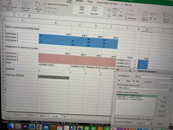 ### Excel-Based Contractor and Job Assignment Solver

**Bids on Contracts (in $1000s)**
This section lists the bids from different contractors for four separate jobs. Each cell represents the bid amount a contractor would charge for a specific job.

| Contractor/Job | Job 1 | Job 2 | Job 3 | Job 4 |
|----------------|-------|-------|-------|-------|
| Contractor 1   | 54    |       | 48    | 52    |
| Contractor 2   | 47    |       | 46    | 55    |
| Contractor 3   | 47    |       | 45    |       |

**Assignment of Contractors to Jobs**
This allocation table uses binary values (1 and empty cells) to indicate whether a contractor is assigned to a particular job. A value of 1 means the contractor is assigned to the specified job.

| Contractor/Job | Job 1 | Job 2 | Job 3 | Job 4 | Total |
|----------------|-------|-------|-------|-------|-------|
| Contractor 1   |       |       |       |       | =SUM(B11:E11) |
| Contractor 2   |       |       |       |       | =SUM(B12:E12) |
| Contractor 3   |       |       |       |       | =SUM(B13:E13) |

**Constraints (Total Assignments)**
- Total contractors per job, as stipulated by "=SUM(B11:E11)"
- Constraint limit per contractor "=SUM(B11:E13)"

**Objective Function**
The total cost, defined by the formula:
```excel
=SUMPRODUCT(B5:E7, B11:E13)
```
This function multiplies each bid by its corresponding assignment and provides the total cost of assignments.

**Solver Parameters**
The Solver is set to minimize the total cost (`$B$18`) by adjusting the binary allocation matrix in `$B11:$E13`.

**Constraints:**
1. Contractors cannot be assigned more than twice (<= 2) as indicated in columns F and J.
2. Jobs must be assigned exactly once.

**Graphical and Visual Explanation**
- The blue-shaded cells indicate where bids are present and viable for consideration.
- The red-shaded area highlights the assignment matrix that the Solver will adjust to achieve the optimal cost solution.

By using Solver functionalities and correctly setting up the constraints and objective functions,