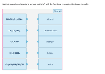 Match the condensed structural formula on the left with the functional group classification on the right.
CH3CH₂CH₂COOH
CH3CH2NH2
CH3CHO
CH3COCH 3
CH3CH₂CH₂CH₂OH
alcohol
carboxylic acid
Clear All
aldehyde
ketone
amine