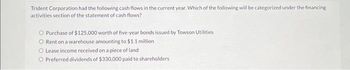 Trident Corporation had the following cash flows in the current year. Which of the following will be categorized under the financing
activities section of the statement of cash flows?
O Purchase of $125,000 worth of five-year bonds issued by Towson Utilities
O Rent on a warehouse amounting to $1.1 million
O Lease income received on a piece of land
O Preferred dividends of $330,000 paid to shareholders