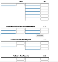 Cash
101
Employee Federal Income Tax Payable
211
dropdown
Social Security Tax Payable
212
Medicare Tax Payable
213
