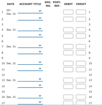 DOC. POST.
DATE
ACCOUNT TITLE
DEBIT
CREDIT
NO.
REF.
20--
1
Dec. 31
1
3
4
Dec. 31
4
5
5
6.
7
Dec. 31
7
8
8.
9
9.
10 Dec. 31
10
11
11
12
12
13 Dec. 31
13
14
14
15
15
16 Dec. 31
16
17
17
00
00
00
