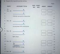 2. Prepare the required journal entries.
Page:
DOC. POST.
DATE
ACCOUNT TITLE
DEBIT
CREDIT
NO.
REF.
20--
1
Nov. 30
1
3
Interest earned for November
3
4
4
88
5
Nov. 30
6
Unrecorded ATM withdrawal
8
8
9.
Nov. 30
10
10
11
NSF check
11
12
12
13 Nov. 30
13
14
14
dropdown
Bank service charge
15
15
16
16
17 Nov. 30
17
00
2.
