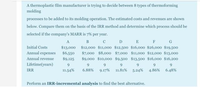 A thermoplastic film manufacturer is trying to decide between 8 types of thermoforming
molding
processes to be added to its molding operation. The estimated costs and revenues are shown
below. Compare them on the basis of the IRR method and determine which process should be
selected if the company's MARR is 7% per year.
B C
D
E
F
G
Initial Costs
$13,000 $12,00o $11,000 $12,500 $16,000 $26,000 $19,500
Annual expenses $6,550
$9,125
$7,000 $8,000 $7,000 $11,000 $12,000 $13,000
Annual revenue
$9,000 $10,000 $9,500 $13,500 $16,000 $16,200
Lifetime(years)
9.
9
9.
9.
IRR
11.54%
6.88%
9.17%
11.81% 5.24% 4.86% 6.48%
Perform an IRR-incremental analysis to find the best alternative.
