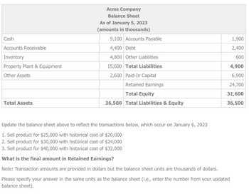 Cash
Accounts Receivable
Inventory
Property Plant & Equipment
Other Assets
Total Assets
Acme Company
Balance Sheet
As of January 5, 2023
(amounts in thousands)
9,100 Accounts Payable
4,400 Debt
4,800 Other Liabilities
15,600 Total Liabilities
2,600 Paid-In Capital
Retained Earnings
Total Equity
36,500 Total Liabilities & Equity
Update the balance sheet above to reflect the transactions below, which occur on January 6, 2023
1. Sell product for $25,000 with historical cost of $20,000
2. Sell product for $30,000 with historical cost of $24,000
3. Sell product for $40,000 with historical cost of $32,000
What is the final amount in Retained Earnings?
1,900
2,400
600
4,900
6,900
24,700
31,600
36,500
Note: Transaction amounts are provided in dollars but the balance sheet units are thousands of dollars.
Please specify your answer in the same units as the balance sheet (i.e., enter the number from your updated
balance sheet).