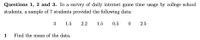 Questions 1, 2 and 3. In a survey of daily internet game time usage by college school
students, a sample of 7 students provided the following data:
3
1.5
2.2
1.5
0.5
2.5
1
Find the mean of the data.
