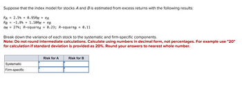 Suppose that the index model for stocks A and B is estimated from excess returns with the following results:
RA = 2.5% + 0.95RM + eA
RB = -1.8% + 1.10RM + eB
OM = 27%; R-squareд = 0.23; R-squareB = 0.11
Break down the variance of each stock to the systematic and firm-specific components.
Note: Do not round intermediate calculations. Calculate using numbers in decimal form, not percentages. For example use "20"
for calculation if standard deviation is provided as 20%. Round your answers to nearest whole number.
Systematic
Firm-specific
Risk for A
Risk for B