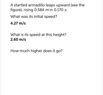 A startled armadillo leaps upward (see the
figure), rising 0.584 m in 0.170 s.
What was its initial speed?
4.27 m/s
What is its speed at this height?
2.60 m/s
How much higher does it go?