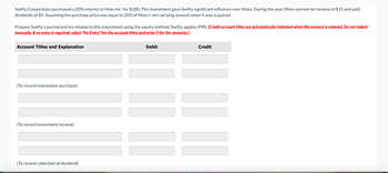 Swifty Corporation purchased a 20% interest in Moss Inc. for $280. This investment gave Swifty significant influence over Moss. During the year, Moss earned net income of $15 and paid
dividends of $5. Assuming the purchase price was equal to 20% of Moss's net carrying amount when it was acquired.
Prepare Swifty's journal entries related to this investment using the equity method. Swifty applies IFRS. (Credit account titles are automatically indented when the amount is entered. Do not indent
manually. If no entry is required, select "No Entry" for the account titles and enter O for the amounts.)
Account Titles and Explanation
(To record investment purchase)
(To record investment income)
(To record collection of dividend)
Debit
Credit