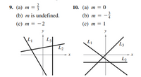 9. (а) т :
-D
10. (а) т %3D 0
(b) m is undefined.
(b) т
(с) т %3D -2
(с) т %3D 1
LI
L3
L2
