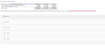 Assume the following information:
Milling Department
Cost of beginning work in process inventory
Costs added during the period
Total cost
Multiple Choice
O
If the equivalent units of production for conversion is 5,000 units using the weighted-average method, then what is the cost per equivalent unit for conversion? (Round your final answer to nearest whole dollar amount.)
O
$81
$78
$141
Materials
$ 10,000
290,000
$ 300,000
$60
Conversion
$ 15,000
390,500
$ 405,500
Total
$ 25,000
680,500
$ 705.500
