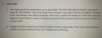 **Grad Night**

**1. Grad Night**

**a.** Two high schools are preparing to go to grad night. The first high school rented 8 vans and 8 buses for 240 students. The second high school rented 4 vans and 1 bus for 54 students. Assume every van and bus were filled completely. How many students fit inside of a van? How many fit inside of a bus? Write a system of equations and solve that system to find your answer. Show all of your work.

**b.** Suppose Fremont High School had 38 students to take to grad night. How many vans and buses would you recommend that they rent? Explain your reasoning.

---

*In this section, students will learn how to set up and solve a system of equations based on a real-world scenario involving transportation logistics for a school event. Students will gain practice in forming equations from problem statements and solving them to find unknown variables.*