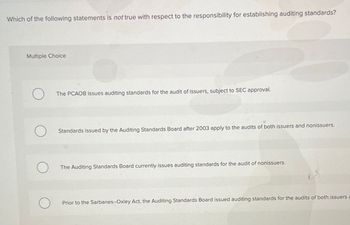 Which of the following statements is not true with respect to the responsibility for establishing auditing standards?
Multiple Choice
The PCAOB issues auditing standards for the audit of issuers, subject to SEC approval.
Standards issued by the Auditing Standards Board after 2003 apply to the audits of both issuers and nonissuers.
The Auditing Standards Board currently issues auditing standards for the audit of nonissuers.
Prior to the Sarbanes-Oxley Act, the Auditing Standards Board issued auditing standards for the audits of both issuers a