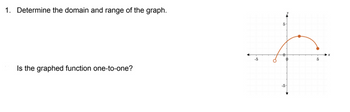 1. Determine the domain and range of the graph.
Is the graphed function one-to-one?
5
0
-5
5
-5